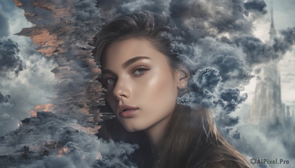 1girl,solo,long hair,looking at viewer,blue eyes,brown hair,black hair,outdoors,parted lips,sky,cloud,lips,cloudy sky,building,portrait,scenery,smoke,city,realistic,nose,castle,fog,blurry,tree