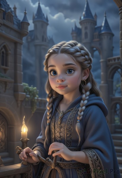 1girl,solo,long hair,looking at viewer,smile,blue eyes,blonde hair,brown hair,long sleeves,dress,holding,jewelry,closed mouth,upper body,braid,earrings,outdoors,sky,cloud,hood,wide sleeves,necklace,blurry,twin braids,lips,night,blurry background,hood down,cloudy sky,hair over shoulder,freckles,robe,nose,fantasy,candle,castle,candlestand,artist name,thick eyebrows,aged down,building,night sky,forehead,stairs,realistic,wand,fine art parody