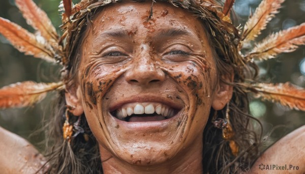 1girl,solo,long hair,looking at viewer,smile,open mouth,brown hair,black hair,hair ornament,jewelry,:d,earrings,teeth,dark skin,blurry,lips,depth of field,blurry background,upper teeth only,feathers,portrait,realistic,headdress,feather hair ornament,1boy,male focus,facial hair