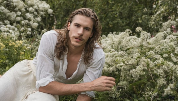 solo,long hair,looking at viewer,brown hair,shirt,1boy,dress,brown eyes,white shirt,flower,male focus,outdoors,lying,parted lips,day,white dress,blurry,lips,blurry background,facial hair,on side,white flower,beard,realistic,field,chest hair,flower field,leg hair,arm hair,open clothes,open shirt,parody,stubble,photo background