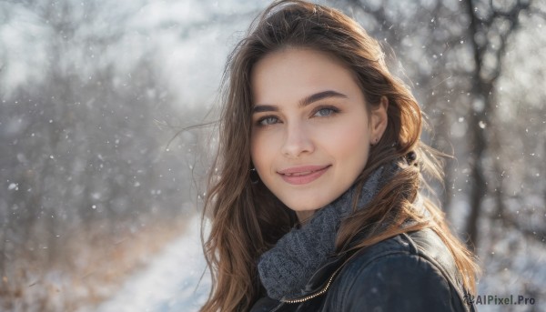 1girl,solo,long hair,looking at viewer,smile,blue eyes,brown hair,jewelry,upper body,earrings,outdoors,parted lips,scarf,blurry,tree,lips,coat,depth of field,blurry background,portrait,snow,snowing,realistic,nose,winter clothes,winter,teeth,day,necklace,grey eyes,eyelashes,thick eyebrows,blue scarf