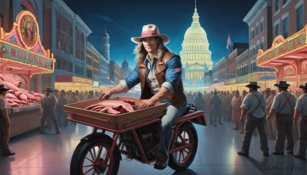 long hair,smile,brown hair,shirt,black hair,hat,jacket,white shirt,male focus,outdoors,multiple boys,open clothes,sky,shoes,solo focus,day,collared shirt,pants,vest,night,facial hair,brown footwear,blue shirt,denim,ground vehicle,building,night sky,motor vehicle,faceless,sleeves rolled up,6+boys,faceless male,brown jacket,jeans,city,white pants,blue pants,car,road,motorcycle,police,street,police uniform,open vest,cowboy hat,brown vest,fedora,crowd,cowboy western,people,pavement,sitting,belt,bag,suspenders,beard,walking,mustache,riding