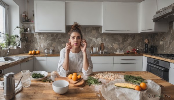 1girl,solo,looking at viewer,brown hair,shirt,long sleeves,brown eyes,upper body,food,solo focus,indoors,hair bun,apron,sweater,cup,hands up,window,fruit,table,single hair bun,bottle,knife,plant,scenery,plate,bowl,realistic,basket,potted plant,white sweater,egg,ladle,orange (fruit),kitchen,vegetable,sink,counter,cabinet,kettle,stove,kitchen knife,cutting board,short hair,holding,nail polish,mole,lips,phone,cellphone,smartphone,holding phone,mandarin orange,talking on phone