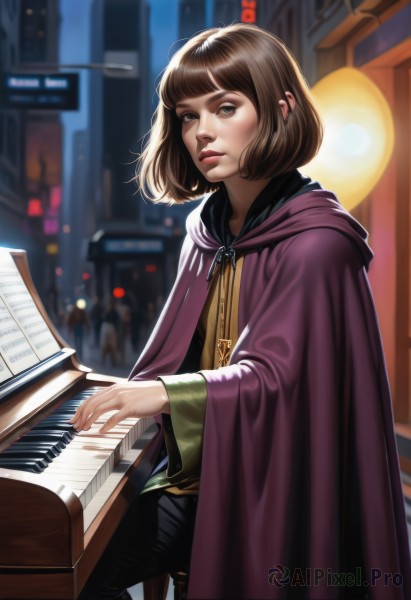 1girl,solo,short hair,bangs,brown hair,long sleeves,brown eyes,sitting,outdoors,parted lips,pants,artist name,signature,hood,wide sleeves,blunt bangs,cape,blurry,lips,night,blurry background,watermark,black pants,bob cut,hood down,building,instrument,web address,cloak,city,realistic,nose,music,playing instrument,hooded cloak,piano,grand piano,looking at viewer,sheet music