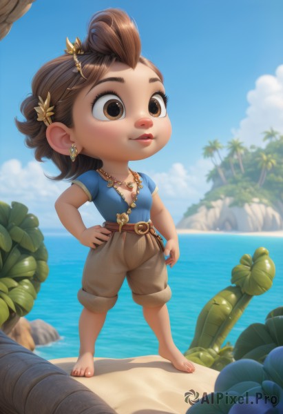 1girl,solo,breasts,smile,short hair,brown hair,shirt,hair ornament,brown eyes,jewelry,standing,full body,short sleeves,earrings,outdoors,parted lips,sky,shorts,barefoot,day,hairclip,belt,pants,artist name,cloud,signature,water,necklace,blurry,tree,blue sky,lips,hand on hip,blurry background,ocean,beach,blue shirt,child,rock,sand,palm tree,horizon,female child,brown pants,cleavage,small breasts,chibi,feet,toes,looking up,toenails,hands on hips,nose,brown belt,brown shorts