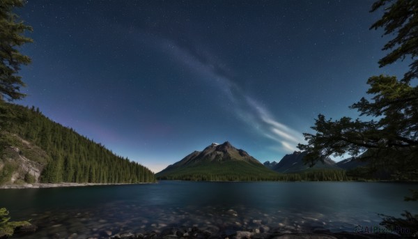 outdoors,sky,cloud,water,tree,no humans,night,grass,star (sky),nature,night sky,scenery,forest,starry sky,reflection,rock,mountain,river,landscape,lake,signature