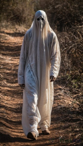 solo,gloves,long sleeves,1boy,standing,full body,male focus,outdoors,shoes,black gloves,pants,signature,hood,black footwear,no humans,mask,facing viewer,cloak,hood up,walking,robe,white pants,arms at sides,photo background,sleeves past wrists,shadow,colored skin,brown footwear,1other,monster,ghost,realistic,horror (theme),ghost costume