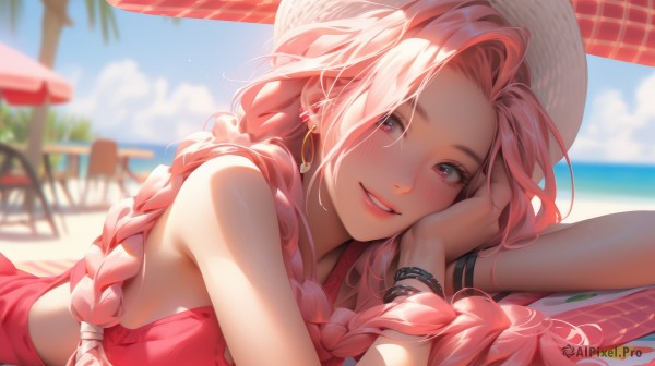 1girl,solo,long hair,breasts,looking at viewer,blush,smile,bangs,hat,dress,bare shoulders,jewelry,swimsuit,upper body,pink hair,braid,bikini,earrings,outdoors,lying,parted lips,sky,teeth,day,cloud,pink eyes,grin,blurry,twin braids,bracelet,tree,blue sky,lips,parted bangs,makeup,depth of field,blurry background,ocean,umbrella,beach,red dress,on stomach,sun hat,head rest,hoop earrings,pink lips,sand,palm tree,red lips,bangle,parasol,beach umbrella,red one-piece swimsuit,lounge chair,chair,table,cloudy sky,towel,forehead,pink bikini,beach towel