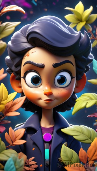 1girl,solo,looking at viewer,smile,short hair,blue eyes,shirt,black hair,closed mouth,jacket,upper body,flower,dark skin,blurry,dark-skinned female,lips,leaf,thick eyebrows,child,freckles,female child,denim jacket,open jacket,yellow flower,purple shirt