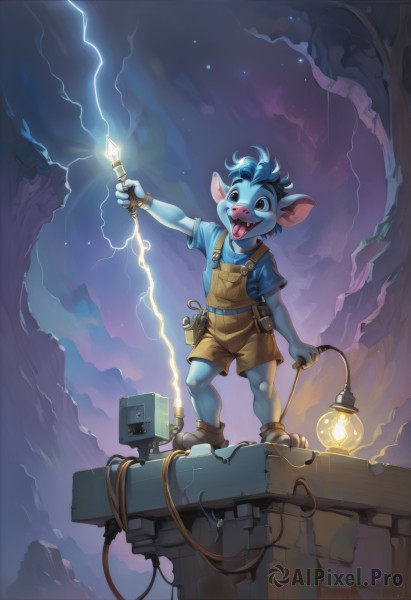 solo,smile,open mouth,blue eyes,shirt,1boy,holding,animal ears,jewelry,blue hair,standing,full body,short sleeves,male focus,outdoors,sky,shorts,teeth,tongue,artist name,tongue out,bracelet,night,blue shirt,robot,child,furry,lantern,electricity,overalls,cable,furry male,male child,brown shorts,lightning,snout,buck teeth,holding lantern,short hair,boots,shoes,belt,cloud,signature,black eyes,arm up,glowing,colored skin,fangs,watermark,brown footwear,happy,outstretched arm,staff,star (sky),pocket,pouch,yellow shirt,mouse ears,holding staff,blue skin,mouse tail,animal nose,mouse,wrench,flashlight,blue overalls