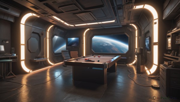 indoors,no humans,window,chair,table,scenery,desk,reflection,science fiction,realistic,light,cable,space,computer,monitor,planet,earth (planet),star (sky),wooden floor,lamp,controller,game console,keyboard (computer),screen