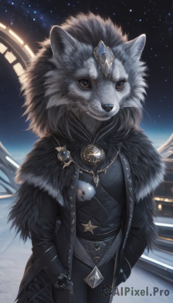 solo,looking at viewer,long sleeves,1boy,animal ears,brown eyes,jewelry,closed mouth,standing,jacket,male focus,cowboy shot,outdoors,open clothes,sky,belt,pants,artist name,signature,necklace,coat,black jacket,fur trim,night,animal,black pants,ring,brooch,gem,star (sky),night sky,furry,pendant,starry sky,fur collar,black coat,hands in pockets,furry male,leather,white fur,black fur,fluffy,1girl,star (symbol),wolf