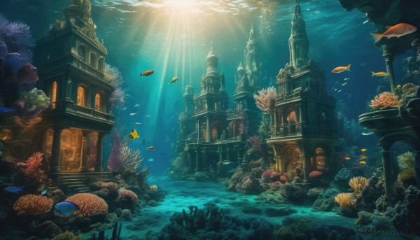 outdoors,water,no humans,ocean,animal,sunlight,building,scenery,fish,bubble,light rays,stairs,underwater,fantasy,air bubble,architecture,sunbeam,ruins,pillar,castle,church,arch,turtle,coral,day