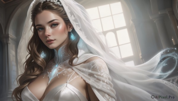 1girl,solo,long hair,breasts,looking at viewer,blue eyes,large breasts,brown hair,dress,cleavage,jewelry,upper body,earrings,parted lips,artist name,indoors,signature,necklace,cape,white dress,lips,eyelashes,window,watermark,wavy hair,gem,veil,wedding dress,realistic,nose,red lips,bridal veil,bride,church,blush,medium breasts,see-through,tiara