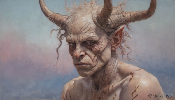 solo,looking at viewer,1boy,closed mouth,upper body,male focus,horns,pointy ears,blue background,demon horns,portrait,realistic,green eyes,white hair,grey eyes,colored skin,bandages,veins