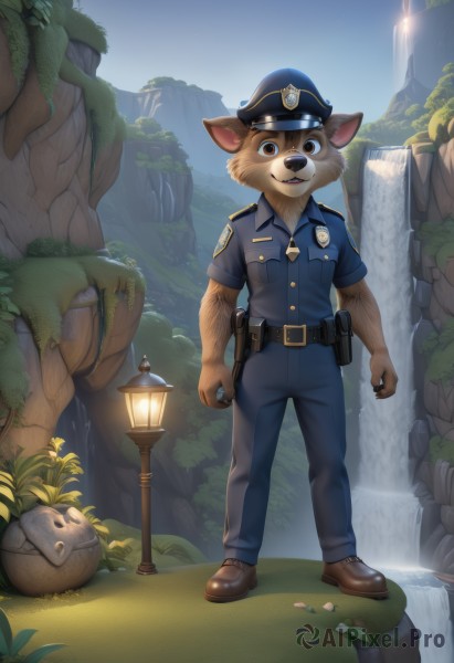 solo,looking at viewer,smile,open mouth,shirt,1boy,hat,animal ears,brown eyes,standing,full body,short sleeves,male focus,outdoors,sky,shoes,teeth,day,collared shirt,belt,pants,artist name,signature,water,uniform,tree,night,watermark,brown footwear,grass,blue shirt,plant,furry,blue headwear,clenched hands,pocket,black belt,pouch,lantern,rock,blue pants,lamp,breast pocket,furry male,badge,police,police uniform,whistle,waterfall,police hat,moss,necktie,leaf,web address,brown fur