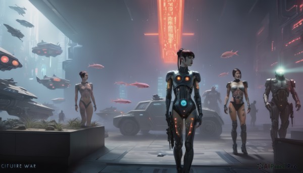 breasts,short hair,multiple girls,brown hair,black hair,holding,2girls,medium breasts,standing,weapon,3girls,hair bun,holding weapon,armor,gun,bodysuit,glowing,robot,ground vehicle,holding gun,mecha,motor vehicle,walking,science fiction,aircraft,arms at sides,car,cyborg,alien,spacecraft,energy gun,cyberpunk,hologram,ponytail,artist name,colored skin,realistic,android,joints,robot joints,holographic interface