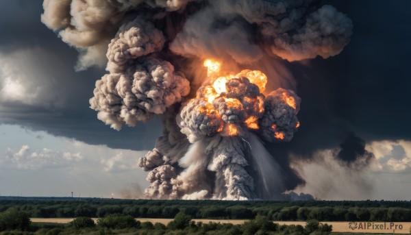 flower,outdoors,sky,day,cloud,signature,tree,blue sky,no humans,cloudy sky,grass,fire,scenery,smoke,mountain,field,explosion,landscape