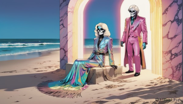 1girl,smile,blonde hair,1boy,dress,sitting,jacket,outdoors,multiple boys,necktie,day,pants,2boys,water,blue dress,colored skin,ocean,beach,parody,formal,suit,crossover,skull,horizon,pink jacket,skeleton,pillar,afro,pink pants,gloves,male focus,sky,sand,blue skin,bald