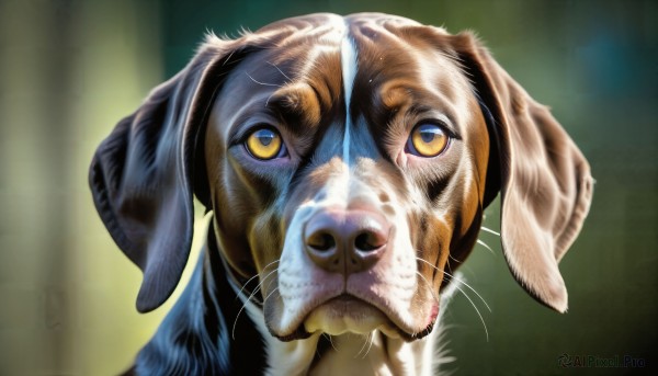 HQ,solo,looking at viewer,closed mouth,yellow eyes,blurry,no humans,blurry background,animal,cat,portrait,green background,dog,realistic,animal focus,whiskers,horror (theme),what,blue eyes,close-up,rabbit