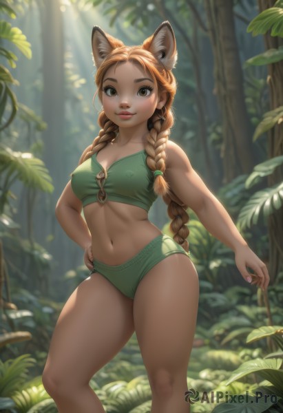 1girl,solo,long hair,breasts,looking at viewer,smile,large breasts,brown hair,navel,animal ears,cleavage,bare shoulders,brown eyes,medium breasts,underwear,standing,panties,braid,thighs,outdoors,parted lips,day,midriff,artist name,signature,dark skin,bra,blurry,twin braids,dark-skinned female,tree,lips,fingernails,animal ear fluff,hand on hip,blurry background,thick thighs,plant,nature,hair over shoulder,forehead,forest,freckles,toned,green bikini,green panties,green bra,very long hair,closed mouth,collarbone,shorts,cat ears,stomach,covered nipples,crop top,bare arms,fox ears,cameltoe,sunlight,extra ears,contrapposto