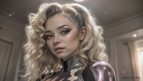 1girl,solo,long hair,looking at viewer,blonde hair,twintails,brown eyes,upper body,parted lips,indoors,dark skin,star (symbol),armor,blurry,dark-skinned female,lips,grey eyes,eyelashes,bodysuit,tattoo,makeup,blurry background,wavy hair,hand on own chest,portrait,forehead,eyeshadow,curly hair,realistic,nose,facial tattoo,mascara,artist name,mole,window,depth of field,thick eyebrows,eyeliner