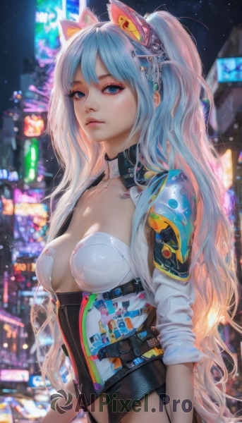 1girl,solo,long hair,breasts,looking at viewer,bangs,blue eyes,hair ornament,navel,animal ears,cleavage,medium breasts,very long hair,blue hair,upper body,ponytail,white hair,multicolored hair,outdoors,cat ears,blurry,lips,night,blurry background,fake animal ears,headgear,sleeves rolled up,science fiction,cyberpunk,long sleeves,twintails,closed mouth,standing,collarbone,sidelocks,cowboy shot,small breasts,sky,belt,artist name,signature,armor,from side,leotard,eyelashes,makeup,depth of field,expressionless,building,pink lips,city,realistic,nose,arms at sides,cityscape,cyborg,bokeh,skyscraper,mascara,city lights