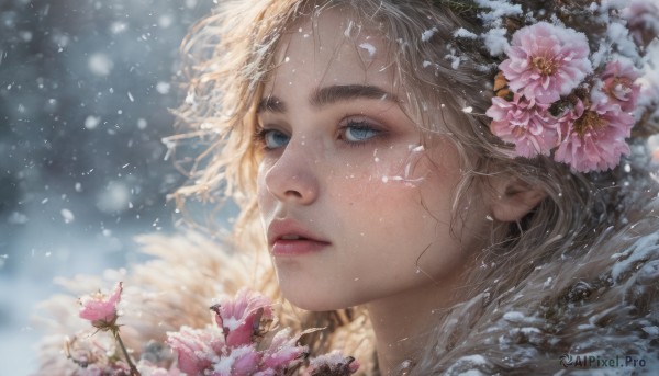 1girl, solo, blue eyes, blonde hair, hair ornament, flower, parted lips, hair flower, water, blurry, lips, eyelashes, portrait, snow, pink flower, snowing, realistic, nose, winter