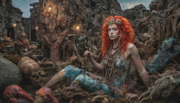 1girl,solo,long hair,breasts,looking at viewer,blue eyes,holding,bare shoulders,jewelry,medium breasts,sitting,weapon,red hair,earrings,outdoors,sky,pants,necklace,orange hair,lips,blood,skull,monster,dirty,corpse,tooth necklace,hair ornament,dress,flower,cloud,nail polish,bracelet,tree,makeup,ring,bug,lipstick,curly hair,circlet,lantern,realistic,fantasy,candle,ruins,big hair,bone,statue,skull necklace