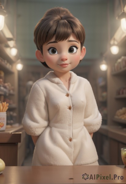 1girl,solo,looking at viewer,blush,smile,short hair,bangs,brown hair,brown eyes,closed mouth,food,indoors,blurry,black eyes,lips,buttons,depth of field,blurry background,arms behind back,table,child,freckles,female child,french fries,standing,upper body,fur trim,thick eyebrows