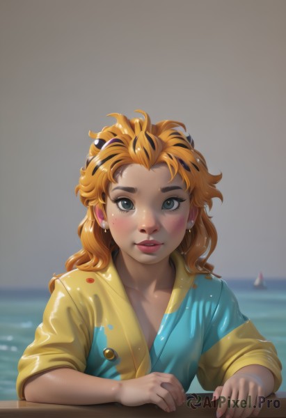 1girl,solo,long hair,looking at viewer,blush,smile,blue eyes,black hair,jewelry,collarbone,upper body,multicolored hair,earrings,outdoors,parted lips,japanese clothes,kimono,water,orange hair,blurry,two-tone hair,lips,streaked hair,wet,blurry background,ocean,thick eyebrows,wet clothes,freckles,nose,wet hair,watercraft,boat,green eyes,sky,nail polish,mole,fingernails,eyelashes,makeup,watermark,web address,curly hair,raincoat,lighthouse,mole on cheek