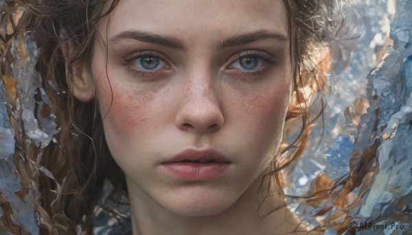 1girl,solo,long hair,looking at viewer,blue eyes,brown hair,parted lips,water,lips,eyelashes,portrait,snow,close-up,freckles,realistic,nose,closed mouth,grey eyes,expressionless