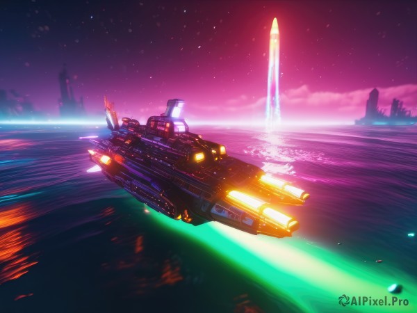 outdoors,sky,cloud,water,no humans,night,glowing,ocean,star (sky),night sky,scenery,starry sky,science fiction,horizon,space,watercraft,vehicle focus,spacecraft,lights,purple sky,aurora,signature,flying,planet,city lights