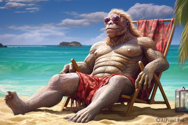 solo,1boy,navel,sitting,closed mouth,nipples,full body,male focus,outdoors,sky,barefoot,day,cloud,spread legs,water,tree,blue sky,muscular,toes,facial hair,ocean,chair,beach,abs,sunglasses,pectorals,muscular male,beard,furry,topless male,realistic,sand,palm tree,furry male,fat,chest hair,male swimwear,fat man,leg hair,arm hair,hairy,blonde hair,cloudy sky,bara,large pectorals,bulge,mature male,summer,old,old man,navel hair,swim briefs