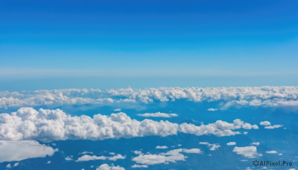 monochrome,outdoors,sky,day,cloud,blue sky,no humans,cloudy sky,scenery,blue theme,horizon,above clouds,water,ocean