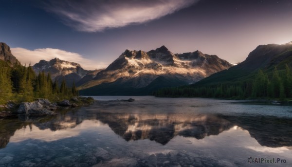 outdoors,sky,cloud,water,tree,no humans,night,cloudy sky,grass,star (sky),nature,night sky,scenery,forest,starry sky,reflection,mountain,river,landscape,mountainous horizon,lake,reflective water,day,blue sky,sunset