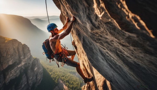 solo,short hair,brown hair,black hair,1boy,male focus,outdoors,shoes,shorts,day,dark skin,bag,from side,muscular,facial hair,black shorts,abs,sunlight,dark-skinned male,backpack,pectorals,muscular male,bara,beard,blue headwear,toned,topless male,mountain,bandana,very short hair,toned male,cliff,climbing,blue bandana,sky,tree,helmet,rope,nature,jumping,sportswear,realistic,basketball uniform,swinging