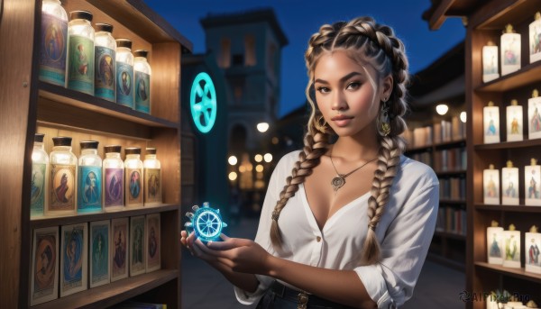 1girl,solo,long hair,breasts,looking at viewer,smile,brown hair,shirt,black hair,cleavage,brown eyes,jewelry,medium breasts,collarbone,white shirt,upper body,braid,earrings,small breasts,belt,indoors,dark skin,necklace,nail polish,blurry,twin braids,dark-skinned female,lips,fingernails,eyelashes,night,buttons,depth of field,blurry background,bottle,hair over shoulder,forehead,pendant,sleeves rolled up,freckles,crystal,nose,shelf,very dark skin,shop,dreadlocks,multiple braids,skirt,long sleeves,holding,closed mouth,outdoors,artist name,mole,book,makeup,watermark,thick eyebrows,lipstick,blouse,web address,blue nails,bookshelf,partially unbuttoned,sleeves pushed up,jar