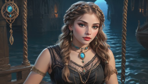 1girl,solo,long hair,breasts,looking at viewer,blue eyes,brown hair,dress,bare shoulders,jewelry,medium breasts,closed mouth,green eyes,upper body,braid,earrings,sleeveless,choker,water,necklace,black dress,twin braids,lips,makeup,night,ocean,lipstick,gem,rope,armlet,pendant,red lips,watercraft,gold,ship,boat,multiple braids,artist name,mole,freckles,realistic,crown braid,mascara,gold chain