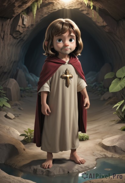 1girl,solo,looking at viewer,short hair,brown hair,dress,brown eyes,standing,full body,outdoors,barefoot,pointy ears,medium hair,water,cape,toes,sunlight,cross,plant,child,nature,cloak,forest,rock,red cape,female child,blue eyes,closed mouth,lips,leaf,robe,realistic