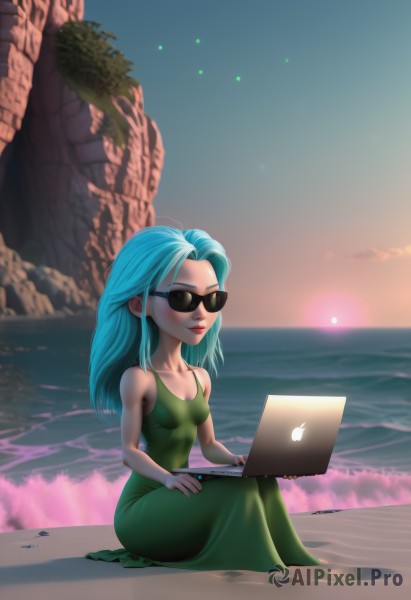 1girl,solo,long hair,breasts,smile,dress,cleavage,bare shoulders,sitting,closed mouth,blue hair,collarbone,small breasts,outdoors,sky,sleeveless,artist name,water,lips,aqua hair,sleeveless dress,ocean,beach,sunglasses,green dress,sunset,sun,horizon,computer,laptop,blush,medium breasts,full body,watermark,web address,forehead,nose,sand,long dress