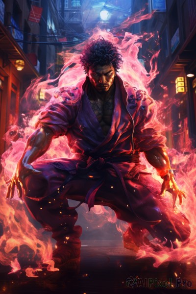 solo,looking at viewer,short hair,black hair,1boy,closed mouth,full body,male focus,outdoors,japanese clothes,sky,pants,dark skin,tattoo,muscular,night,glowing,watermark,moon,squatting,dark-skinned male,fire,pectorals,muscular male,building,glowing eyes,full moon,veins,serious,lantern,aura,dougi,paper lantern,embers,burning,red eyes,artist name,kimono,city,afro,neon lights