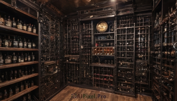 indoors,cup,dutch angle,no humans,bottle,scenery,alcohol,drinking glass,wooden floor,clock,bookshelf,lamp,wine glass,stool,wine,shelf,wine bottle,bar (place),ceiling light,analog clock,loaded interior,stairs,fantasy,jar,shop,roman numeral,counter,wall clock