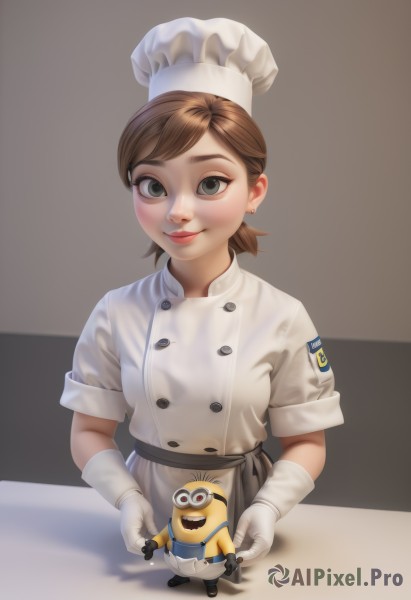 1girl,solo,looking at viewer,smile,short hair,brown hair,gloves,hat,holding,jewelry,closed mouth,upper body,short sleeves,earrings,white gloves,black eyes,apron,lips,grey eyes,makeup,buttons,white headwear,lipstick,double-breasted,chef hat,chef,bangs,green eyes,ponytail,holding hands,realistic,nose