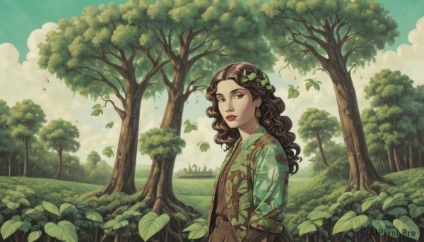 1girl,solo,long hair,looking at viewer,brown hair,shirt,hair ornament,brown eyes,upper body,outdoors,sky,day,cloud,tree,blue sky,lips,makeup,leaf,wavy hair,sunlight,suspenders,cloudy sky,grass,plant,lipstick,nature,scenery,forest,curly hair,green shirt,red lips,overalls,leaf hair ornament,blue eyes,jewelry,earrings,from side