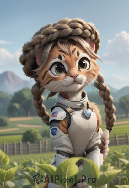 1girl,solo,long hair,smile,bangs,brown hair,animal ears,brown eyes,very long hair,standing,tail,yellow eyes,braid,cowboy shot,outdoors,detached sleeves,sky,day,belt,artist name,cloud,cat ears,signature,armor,blurry,twin braids,flat chest,tree,blue sky,:3,depth of field,blurry background,grass,cat girl,furry,freckles,breastplate,mountain,fence,furry female,body fur,animal nose,mountainous horizon,looking at viewer,leaf,whiskers