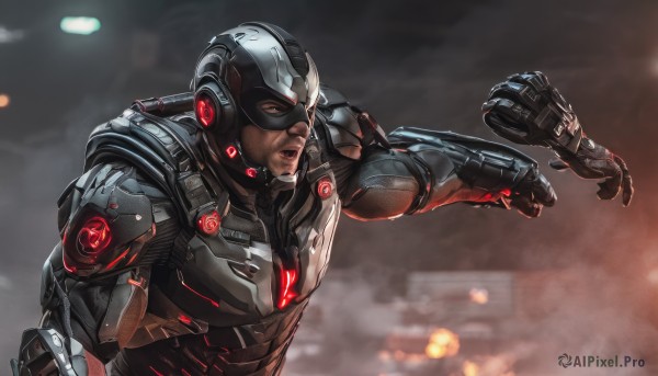 solo,1boy,upper body,male focus,armor,blurry,mask,blurry background,facial hair,helmet,science fiction,realistic,cyborg,power armor,open mouth,muscular,power suit