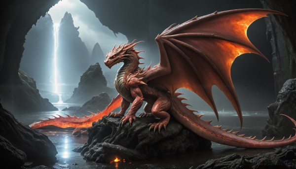 HQ,solo,red eyes,tail,outdoors,wings,horns,sky,cloud,water,no humans,glowing,fire,scenery,claws,monster,rock,mountain,fantasy,dragon,dragon tail,scales,lightning,waterfall,dragon wings,cave,breathing fire,molten rock,glowing eyes