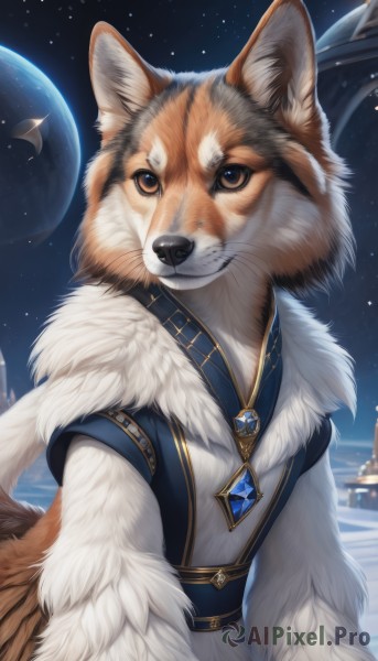 solo,looking at viewer,brown eyes,jewelry,tail,upper body,outdoors,sky,artist name,necklace,no humans,night,animal,moon,brooch,gem,star (sky),night sky,furry,pendant,starry sky,dog,space,animal focus,planet,whiskers,earth (planet),fluffy,fur trim,watermark,crystal,realistic,white fur,blue gemstone