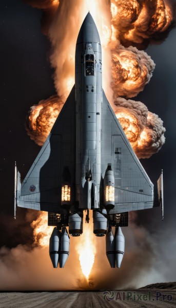 sky,signature,military,no humans,fire,star (sky),smoke,flying,science fiction,realistic,aircraft,military vehicle,airplane,battle,space,explosion,vehicle focus,damaged,spacecraft,jet,missile,bomb,fighter jet,pilot,rocket,variable fighter